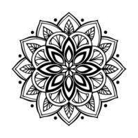 This black and white mandala design features a symmetrical, floral pattern in a circular layout. vector