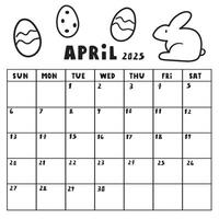 April 2025. Template calendar. Simple outline design. Hand drawn illustration on white background. vector