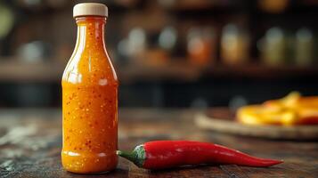 A bottle of hot sauce next to a red pepper photo