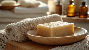 A soap bar on a wooden bowl with towels and other items photo