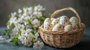 Quail eggs in basket with cherry blossom photo
