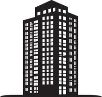 A clean line-art depiction of a building in black vector
