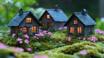 Miniature houses on a mossy hillside photo
