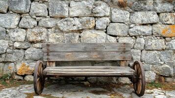 A bench sitting in front of a stone wall photo