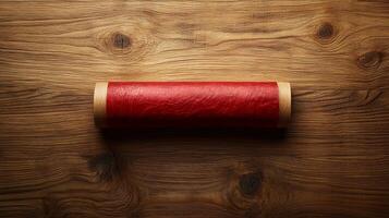 A red thread on a wooden table photo