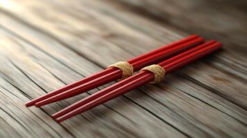 Two chopsticks on a wooden table photo