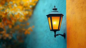 A lamp on a wall next to a colorful wall photo
