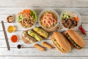 A table with several different types of food photo