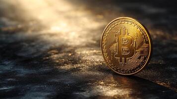 Coin resting on a wet surface with sunlight reflecting in the background during early morning photo