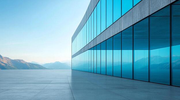 A large building with glass walls and a mountain view photo