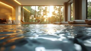 Tranquil indoor pool area with lush greenery and comfortable seating in a modern setting photo