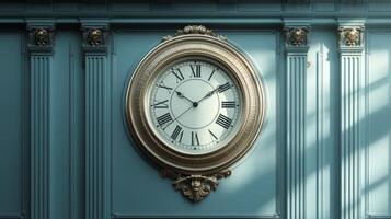 Classic gold clock with Roman numerals resting on a textured blue surface in a well-lit setting photo