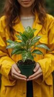 Beautiful woman in yellow jacket holds green plant in pot surrounded by lush greenery photo