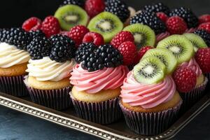 Colorful cupcakes topped with fresh fruits displayed at a dessert shop on a sunny afternoon photo
