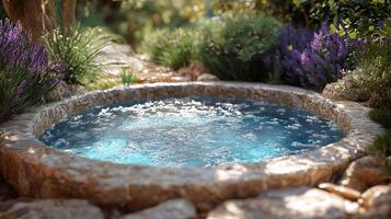 Serene backyard oasis featuring a sparkling pool surrounded by lush greenery and natural stones photo