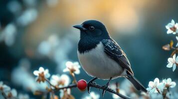 Bird perched on branch surrounded by blooming flowers during golden hour photo