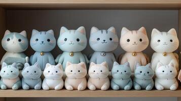 Cute plush cats displayed on a shelf in a cozy room during the afternoon photo