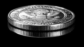 Detailed close-up of a silver coin showing a historic figure against a dark background photo