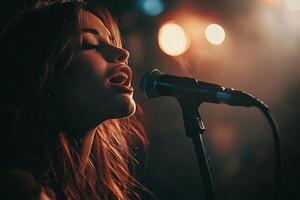 A woman singing into a microphone photo