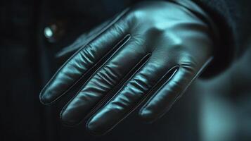 Elegant black leather gloves resting on a textured marble surface in soft light photo