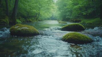 Tranquil stream flowing over moss-covered rocks in a lush green forest during daylight photo