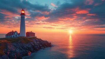 Sunset over the lighthouse on the cliff by the ocean during a serene evening photo