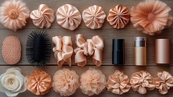 Natural beauty products arranged on rustic wooden surface with delicate floral accents photo