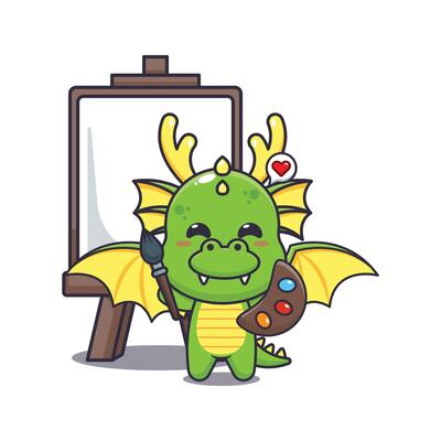 dragon mascot cartoon character illustration wants to paint on canvas.