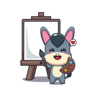 donkey mascot cartoon character illustration wants to paint on canvas.