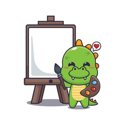 dinosaur mascot cartoon character illustration wants to paint on canvas.