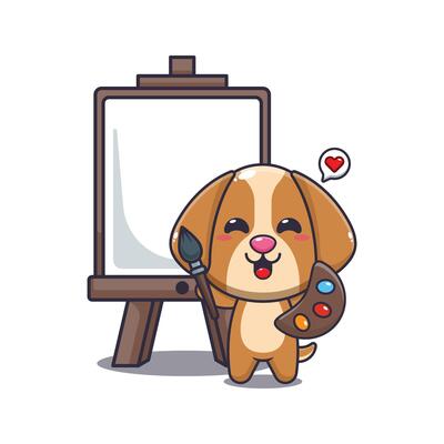 dog mascot cartoon character illustration wants to paint on canvas.