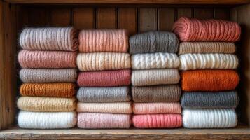 A shelf full of yarns in a wooden cabinet photo