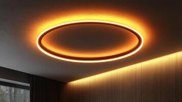 A circular light fixture is hanging above a wall photo
