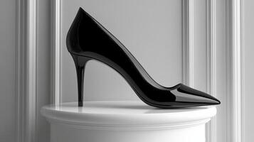 A black high heeled shoe on a pedestal photo