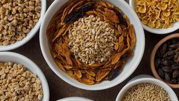Assorted Dried Foods in Bowls Overhead View photo