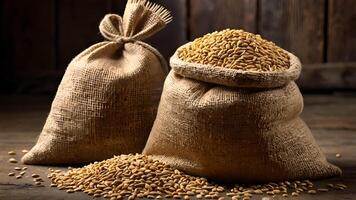 Rustic Burlap Sacks Overflowing with Golden Wheat Grains photo