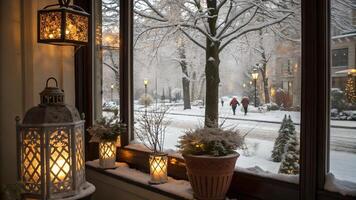 Cozy Winter Window Scene with Glowing Lanterns and Snow photo