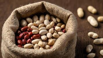 Burlap Sack of Roasted Peanuts and Red Peanuts photo