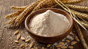 Freshly Milled Wheat Flour in Wooden Bowl with Wheat Stalks photo