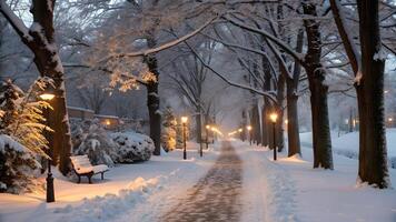Serene Winter Pathway Illuminated by Soft Lights photo