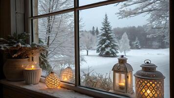 Cozy Winter Window Scene with Glowing Lanterns and Snow Covered Trees photo