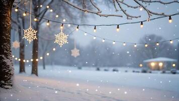 Snowy Winter Wonderland with String Lights and Snowflake Ornaments photo