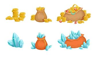 Bags with Crystals and Golden Coins, Treasure Elements for Game User Interface Assets Illustration vector