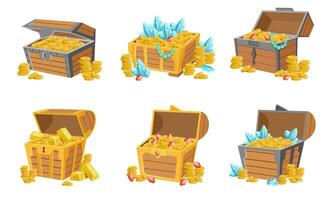 Precious Treasures Set, Crystals, Gems and Golden Coins in Wooden Chests, Game User Interface Assets Illustration vector