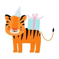 Orange tiger with a gift. illustration on a white background. vector