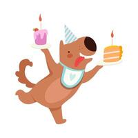 Cartoon dog with two pieces of cake. illustration on a white background. vector