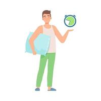 Man is standing with a pillow and a clock. illustration. vector