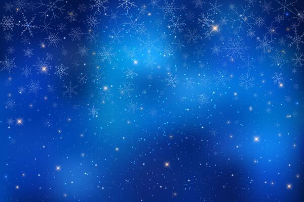 Winter night sky illustration with dark blue background. Stars shine snowflakes fall sparkling in space. The galaxy glows with light creating magical atmosphere filled with fantasy cosmic beauty