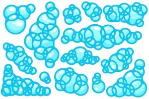 Soap foam bubbles. Cartoon bath suds clouds. Illustration of blue flat elements isolated on white backgrounds. Liquid shapes of shower gel, shampoo and splashes of detergent vector
