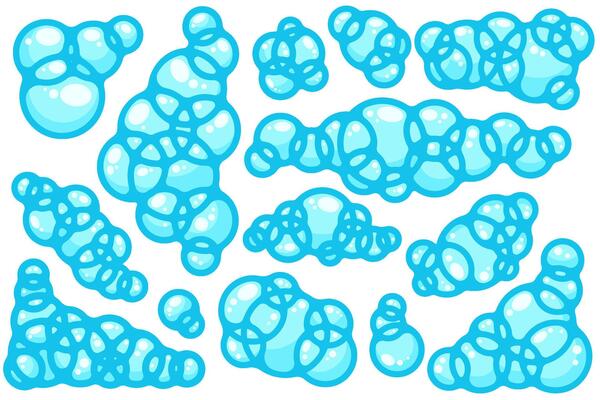 Soap foam bubbles. Cartoon bath suds clouds. Illustration of blue flat elements isolated on white backgrounds. Liquid shapes of shower gel, shampoo and splashes of detergent